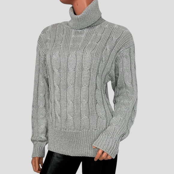 90s Liz Claiborne Women’s M Metallic Cable Knit Turtleneck Sweater Silver Gray - Picture 2 of 16